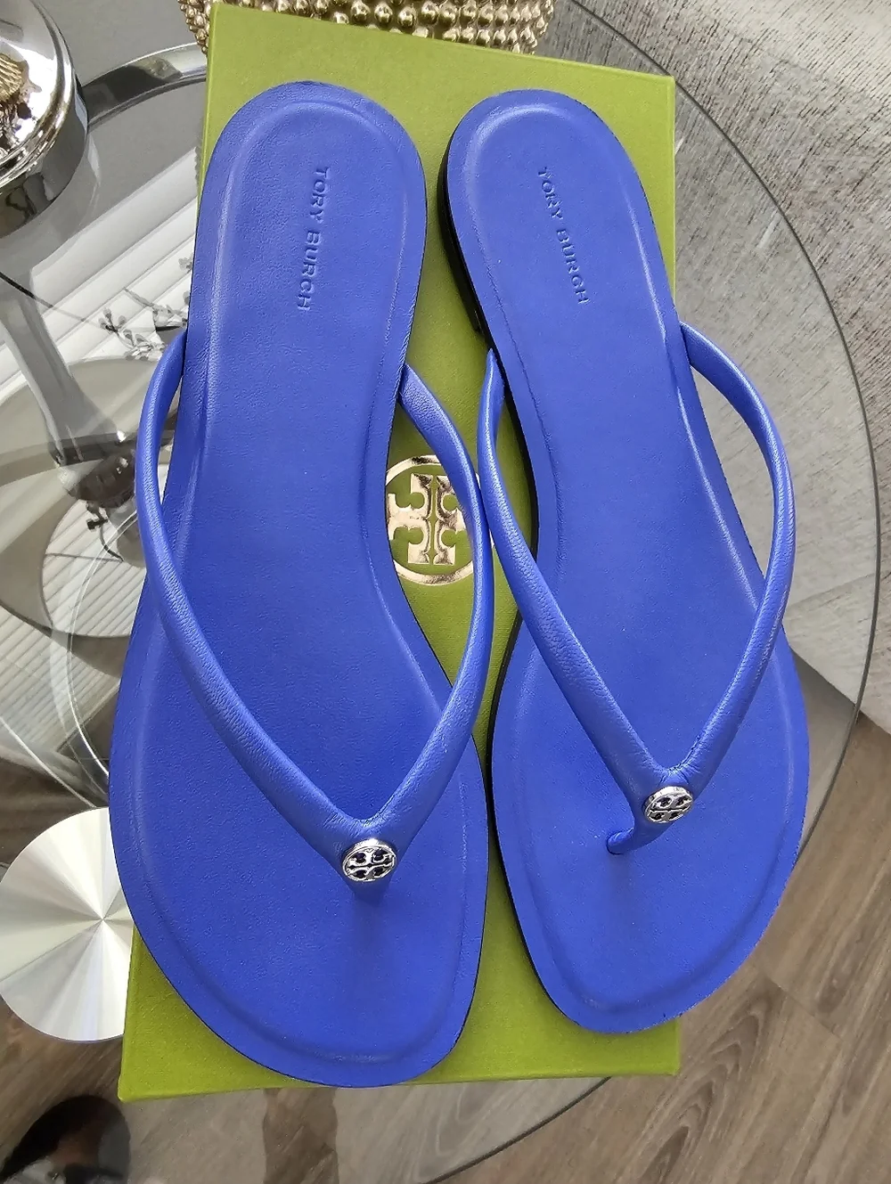 Tory Burch  Blue Leather Logo Medallion Flip Flops